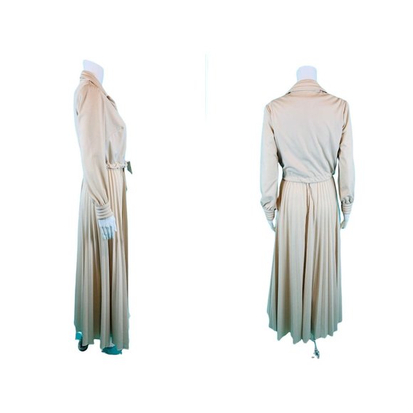 Vintage 70s Dress Set Womens M Khaki Rhinestone Buttons Dramatic Pleated Maxi Sk - Picture 9 of 10